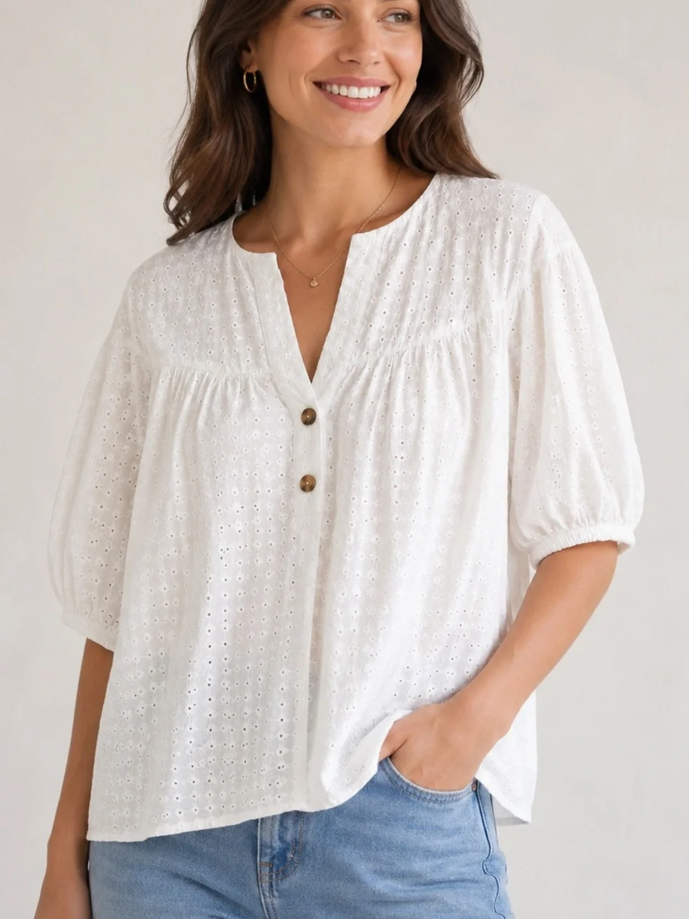ZARA Blouse Small White Eyelet Cotton Puff Sleeve Embroidered Top Boho wb